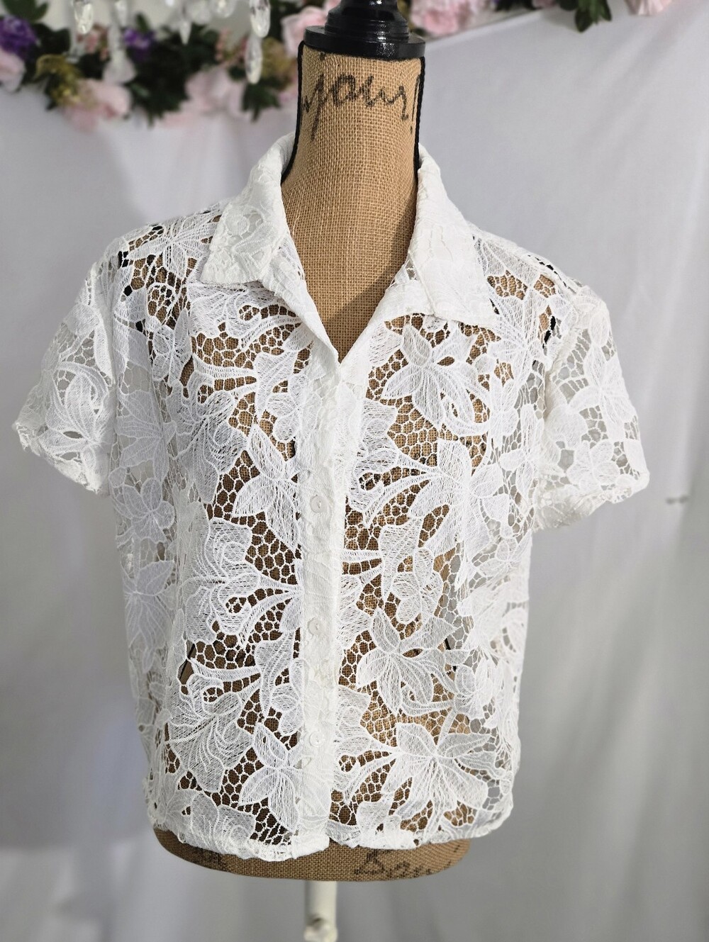Shade & Shore White Lace Button-Down Top - Picture 2 of 7
